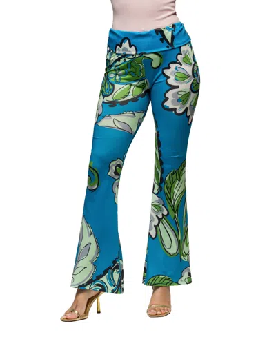 24seven Comfort Apparel Women's Teal Paisley Print Bell Bottom Foldover Waist Pants In Blue Multi