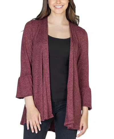 24seven Comfort Apparel Women's Three Quarter Bell Sleeve Open Cardigan Jacket In Wine