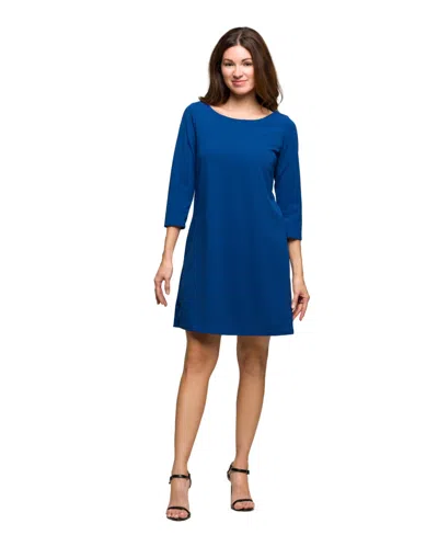 24seven Comfort Apparel Three Quarter Sleeve A Line Knee Length Dress In Blue