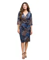 24seven Comfort Apparel Women's Three Quarter Sleeve Faux Wrap Dress In Blue