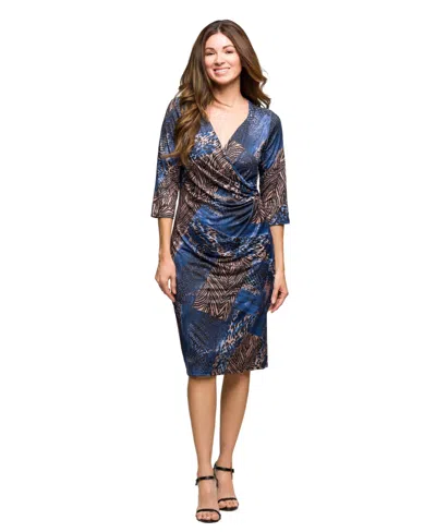 24SEVEN COMFORT APPAREL WOMEN'S THREE QUARTER SLEEVE FAUX WRAP DRESS