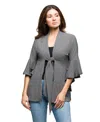 24seven Comfort Apparel Tie Front Bell Sleeve Cardigan In Gray