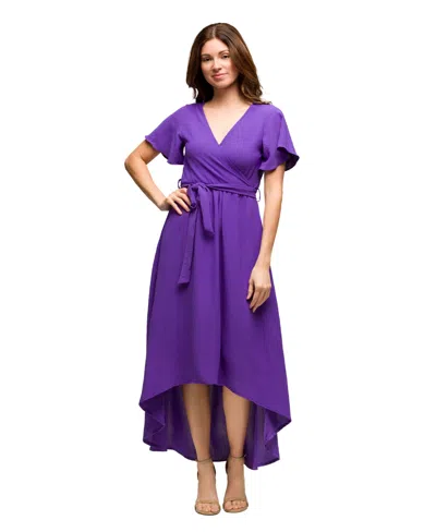 24SEVEN COMFORT APPAREL WOMEN'S V NECK BELTED FAUX WRAP HIGH LOW DRESS