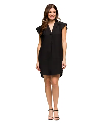 24seven Comfort Apparel Plus Size V-neck Cap Sleeve Knee Length Pocket Dress In Black