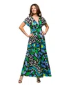 24seven Comfort Apparel Maternity Blue Butterfly Print V-neck Empire Waist Cap Sleeve Maxi Dress In Green Mult
