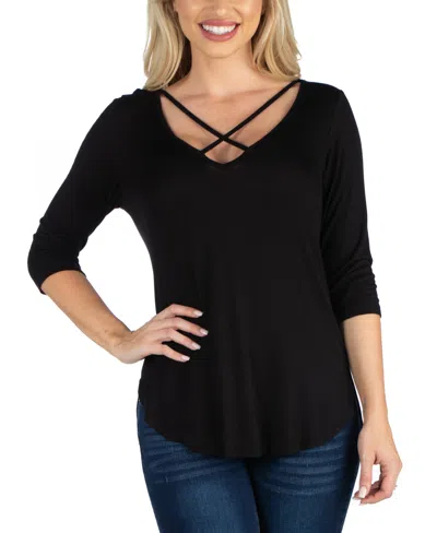 24seven Comfort Apparel Women V Neck Three Quarter Sleeve Strappy Tunic Top In Black
