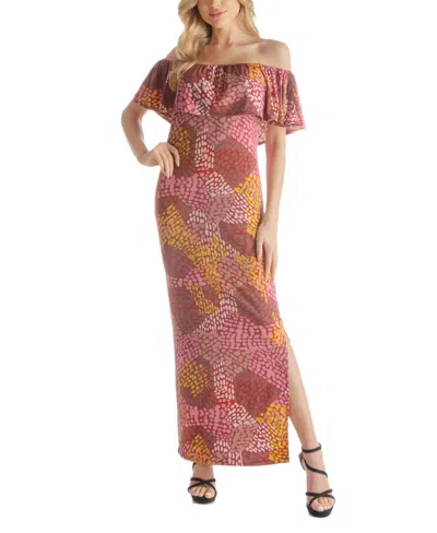 24seven Comfort Apparel Women's Wide Neckline Long Side Slit Dress In Pink Multi