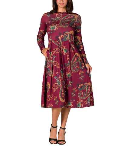 24seven Comfort Apparel Women's Wine Paisley Midi Length Long Sleeve Pocket Dress In Wine Multi