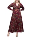 24seven Comfort Apparel Paisley Print Bishop Sleeve A Line Maxi Dress In Wine Multi