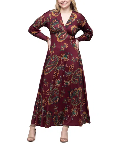 24seven Comfort Apparel Women's Wine Paisley Print Sleeve A Line Maxi Dress In Wine Multi