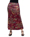 24seven Comfort Apparel Women's Wine Print Elastic Waist A Line Maxi Skirt In Wine Multi