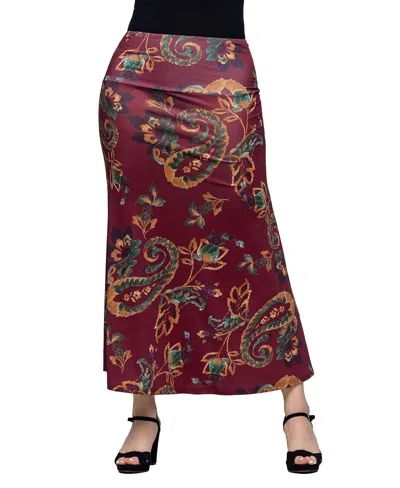 24seven Comfort Apparel Women's Wine Print Elastic Waist A Line Maxi Skirt In Wine Multi
