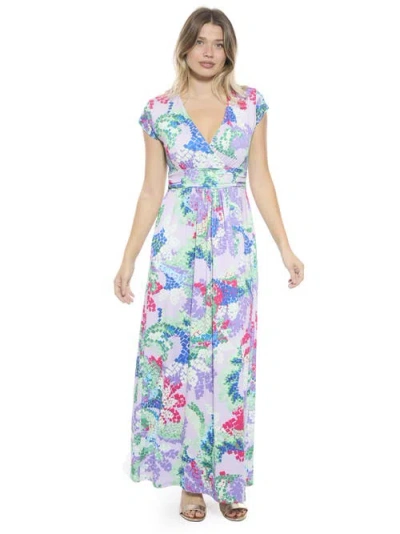 24seven Comfort Apparel Maternity Abstract V Neck Cap Sleeve Side Slit Pocket A Line Maxi Dress In Multi