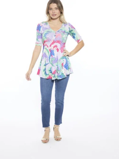 24seven Comfort Apparel Womens Abstract V-neck Elbow Sleeve Henley Tunic Top In Purple