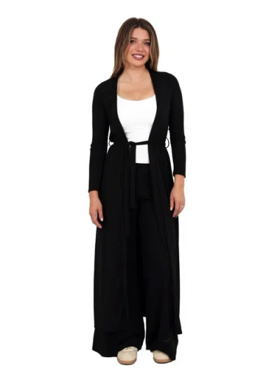 24seven Comfort Apparel Womens Basic Long Sleeve Tie Waist Soft Jacket And Elastic Waist Wide Leg Pa In Black
