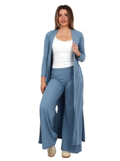 24seven Comfort Apparel Womens Basic Long Sleeve Tie Waist Soft Jacket And Elastic Waist Wide Leg Pa In Blue