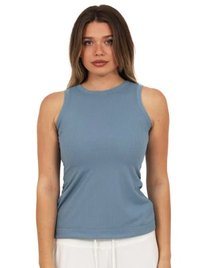 24seven Comfort Apparel Womens Basic Ribbed Knit Round Neck Sleeveless Tank Top In Blue