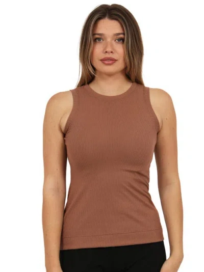 24seven Comfort Apparel Womens Basic Ribbed Knit Round Neck Sleeveless Tank Top In Brown