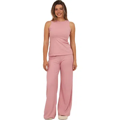 24seven Comfort Apparel Womens Basic Ribbed Knit Tank Top And Elastic Waist Wide Leg Pant Set In Pink