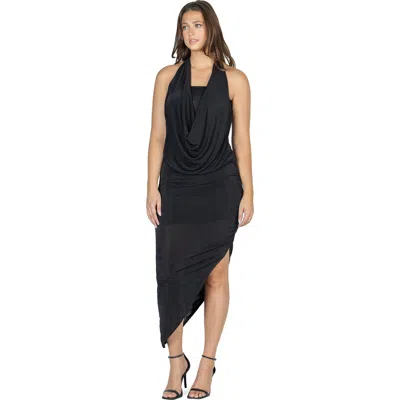 24seven Comfort Apparel Womens Cowl Neck Long Asymmetrical Backless Halter Dress In Black