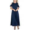 24seven Comfort Apparel Ruffle Cold Shoulder A Line Maxi Dress In Blue