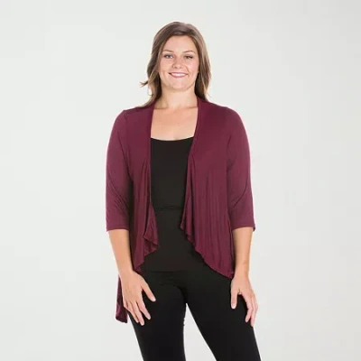 24seven Comfort Apparel Plus Size Elbow Length Sleeve Open Cardigan In Purple