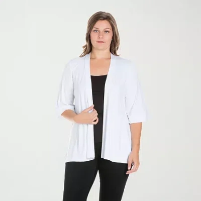 24seven Comfort Apparel Plus Size Elbow Length Open Front Cardigan Sweater In White