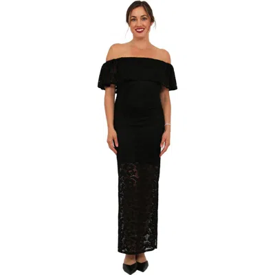 24seven Comfort Apparel Womens Elevate Lace Off The Shoulder Side Slit Body-con Maxi Dress In Black