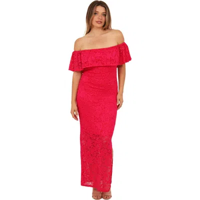 24seven Comfort Apparel Womens Elevate Lace Off The Shoulder Side Slit Body-con Maxi Dress In Red