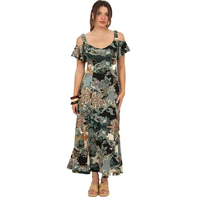 24seven Comfort Apparel Womens Elevate Soft V-neck Cold Sholder Ruffle Sleeve Wide A-line Maxi Dress In Multi