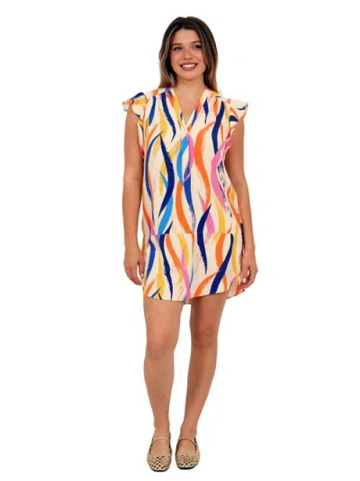 24seven Comfort Apparel Womens Essential Abstract Print V-neck Round Hem Mini Pocket T-shirt Dress In Multi