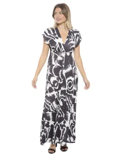 24seven Comfort Apparel Womens Essential Abstract V-neck Empire Waist Cap Sleeve Maxi Dress In Black
