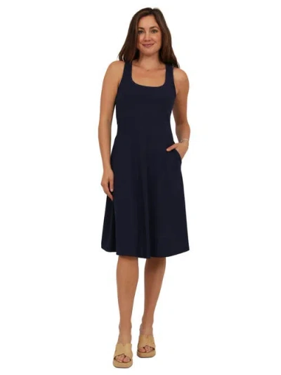 24seven Comfort Apparel Womens Essential Ribbed Knit Sleeveless Scoop Neck Pocket A-line Midi Dress In Blue