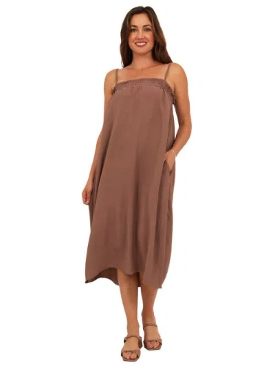 24seven Comfort Apparel Womens Essential Spaghetti Strap Smocked Pocket A-line Maxi Dress In Brown