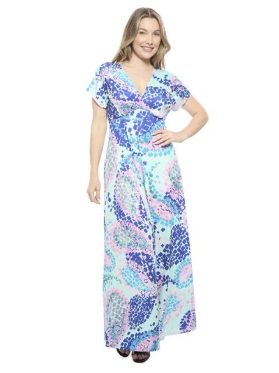24seven Comfort Apparel Womens Essential V-neck Empire Waist Cap Sleeve Maxi Dress In Blue