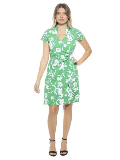 24seven Comfort Apparel Maternity Floral Collar Knee Length Side Tie Wrap Dress In Green