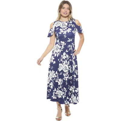 24seven Comfort Apparel Maternity Floral Ruffle Sleeve Cold Shoulder A Line Maxi Dress In Blue