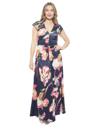24seven Comfort Apparel Womens Floral V-neck Cap Sleeve Ruched Front Maxi Length Dress In Orange