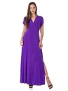 24seven Comfort Apparel Womens Flutter Sleeve Metallic Knit Maxi Dress Front Slit Empire Waist In Purple