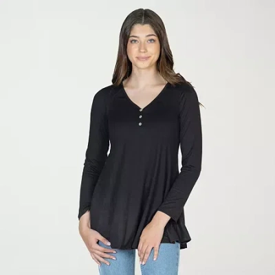 24seven Comfort Apparel Womens Henley Neck Long Sleeve Tunic Top In Black