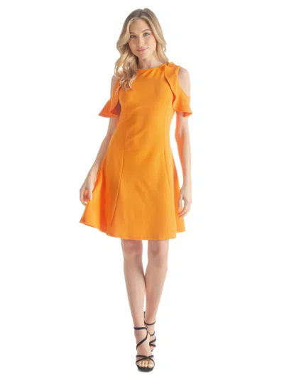 24seven Comfort Apparel Womens High Round Neck Ruffle Cold Shoulder Sleeve A Line Mini Dress In Yellow
