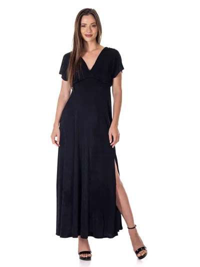 24seven Comfort Apparel Womens Kimono Flutter Sleeve Metallic Knit Front Slit Empire Waist Maxi Dress In Black