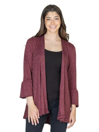 24seven Comfort Apparel Womens Knit Three Quarter Bell Sleeve Open Cardigan In Burgundy