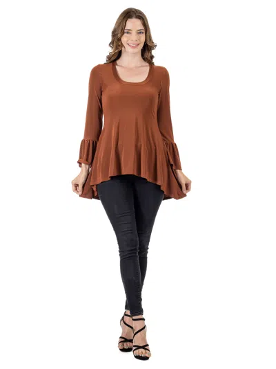24seven Comfort Apparel Womens Long Bell Sleeve High Low Tunic Top In Brown