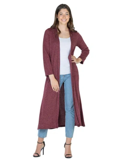 24seven Comfort Apparel Womens Long Duster Open Front Knit Cardigan In Burgundy