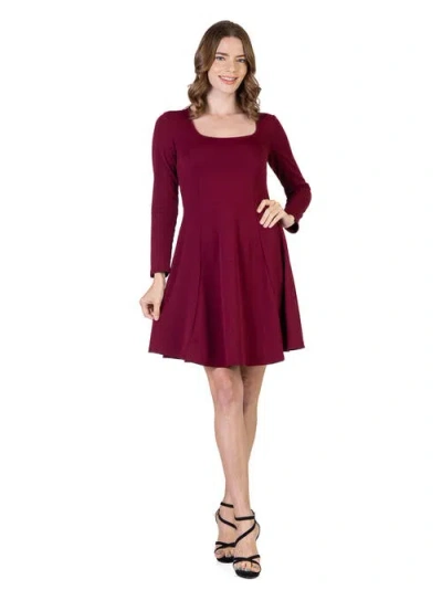 24seven Comfort Apparel Womens Long Sleeve Knee Length Skater Dress In Burgundy