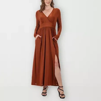 24seven Comfort Apparel Womens Long Sleeve Maxi Dress In Brown