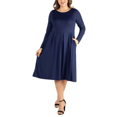 24seven Comfort Apparel Womens Long Sleeve Pleated Midi Dress In Blue