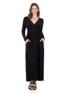 24seven Comfort Apparel Womens Long Sleeve V-neck Side Slit Maxi Dress In Black