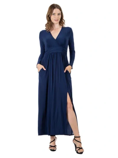24SEVEN COMFORT APPAREL 24SEVEN COMFORT APPAREL WOMENS LONG SLEEVE V-NECK SIDE SLIT MAXI DRESS